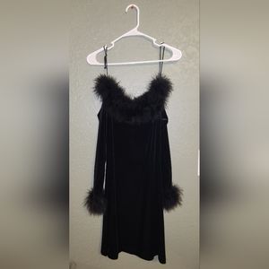 Velvet black furry off the shoulder women's dress - New